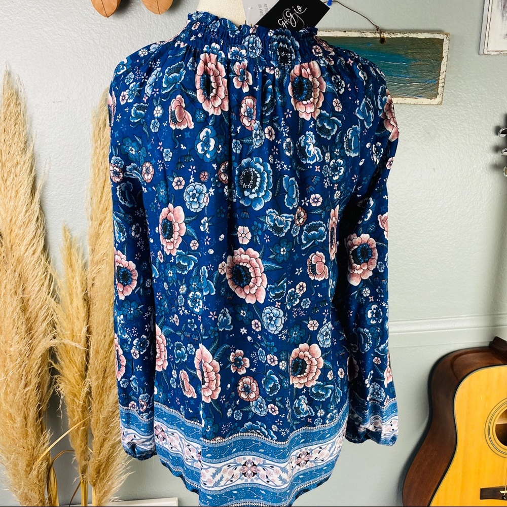 Blue Boho Floral Print Puff Sleeve Peasant Blouse - Picture 3 of 14